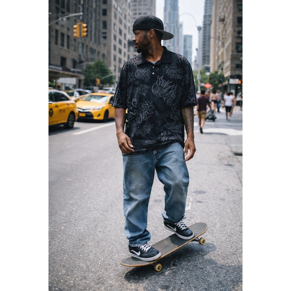 Southpole Mens XXL Graffiti All Over Print Polo Shirt Black Grey Y2K Streetwear